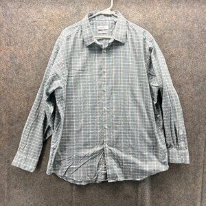 Calvin Klein Shirt Men XL Gray Button Down Plaid Dress Steel Plus Oxford Stretch